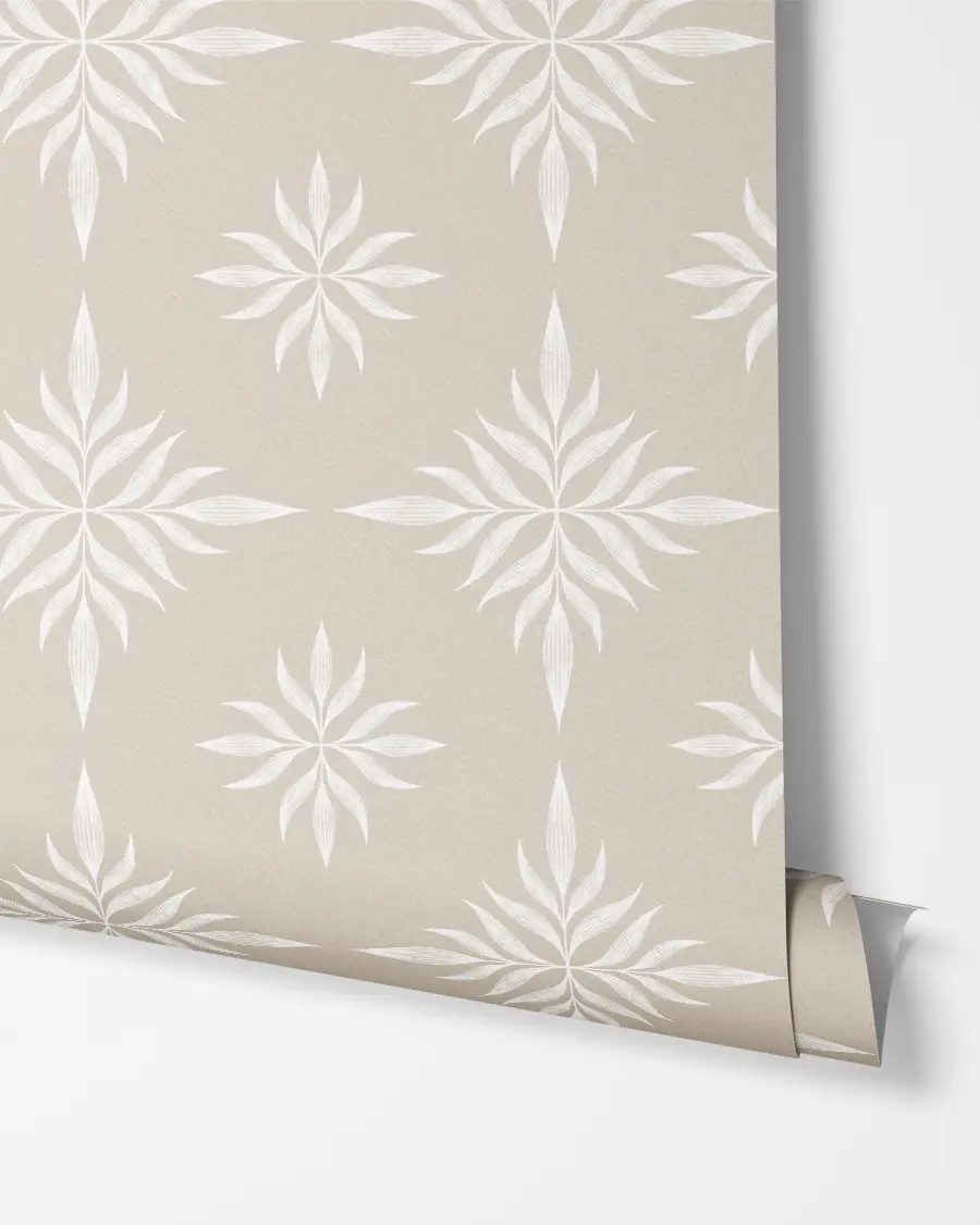 Beige and white diamond leaf tiled wallpaper by Andrea Muller