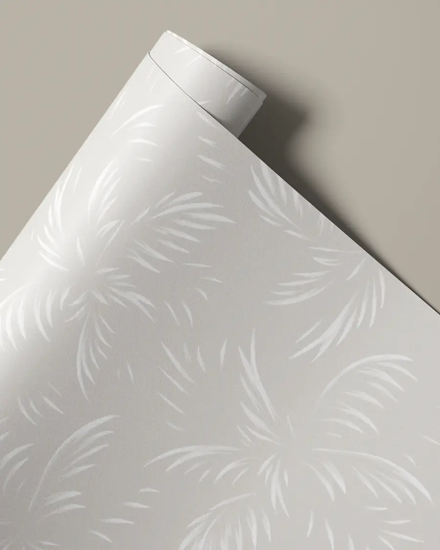 Neutral beige and white painted palm leaf coastal wallpaper by Andrea Muller