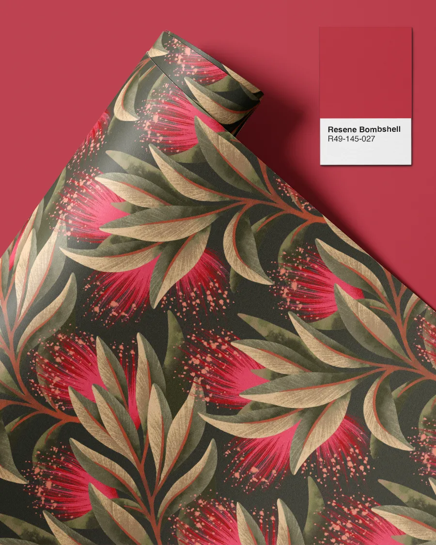 New Zealand red Pohutukawa floral illustration wallpaper by Andrea Muller