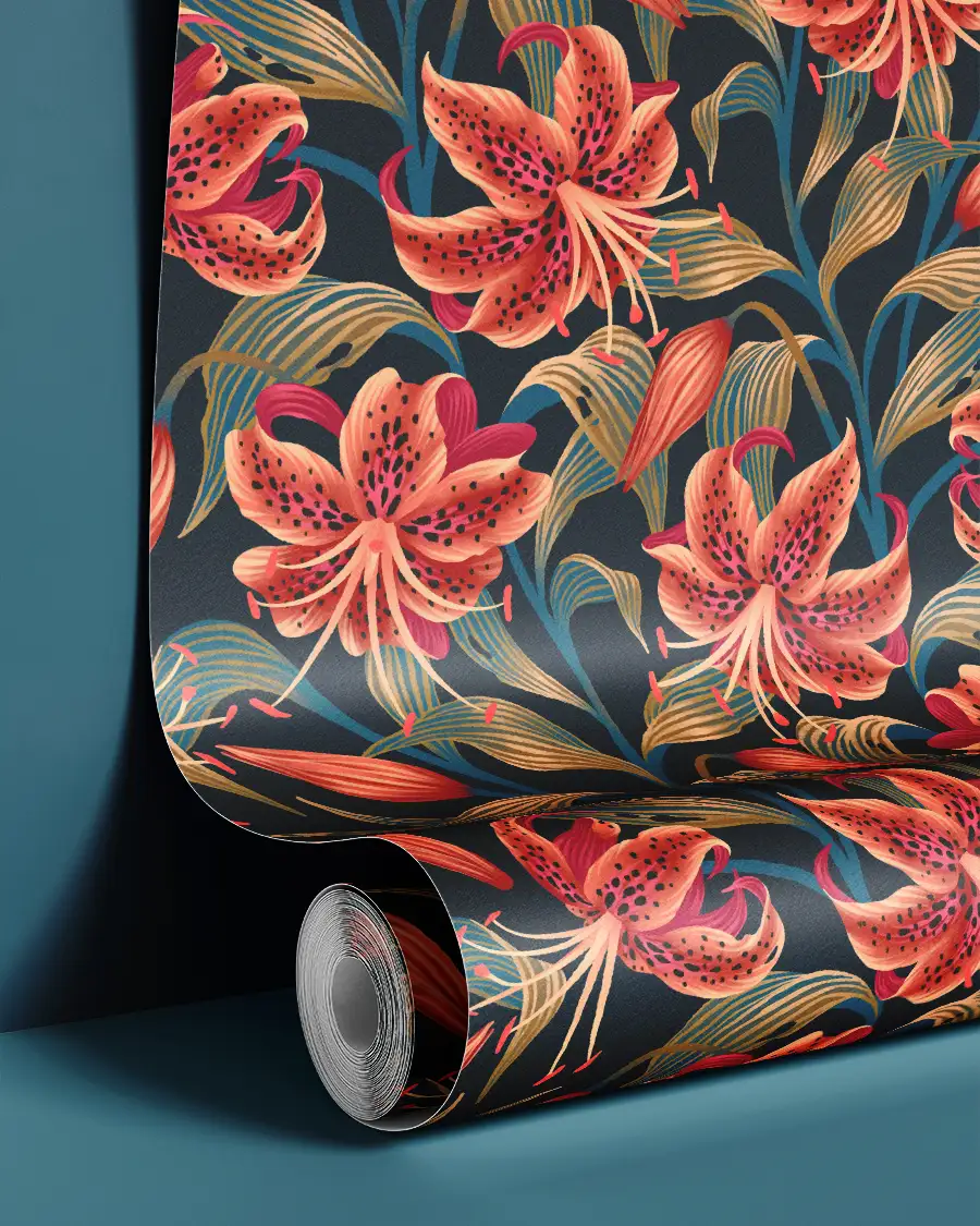 Bold orange Tiger Lily floral wallpaper by Andrea Muller