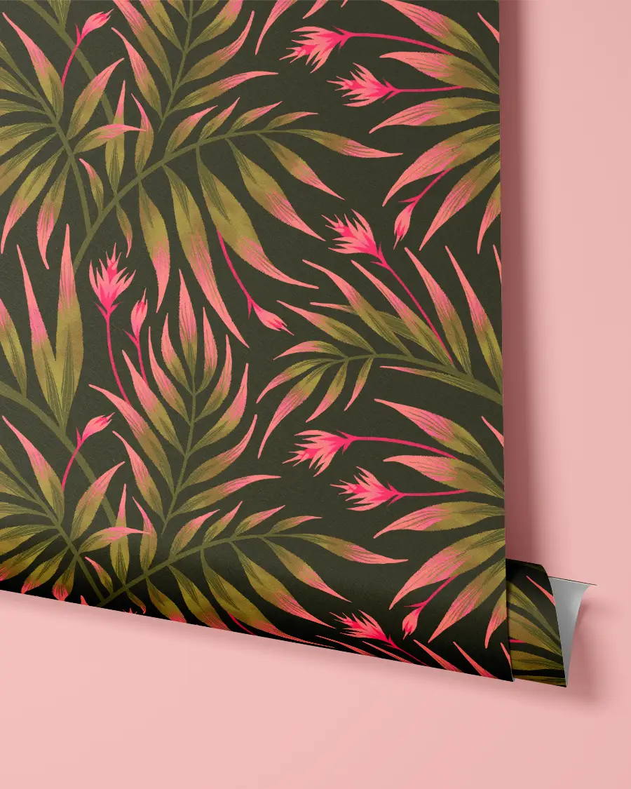 Waikiki palm leaf tropical wallpaper design in olive green and coral pink by Andrea Muller