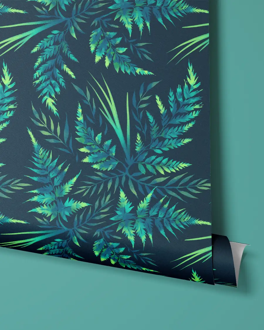 Emerald green watercolor fern leaf illustrated wallpaper pattern by Andrea Muller