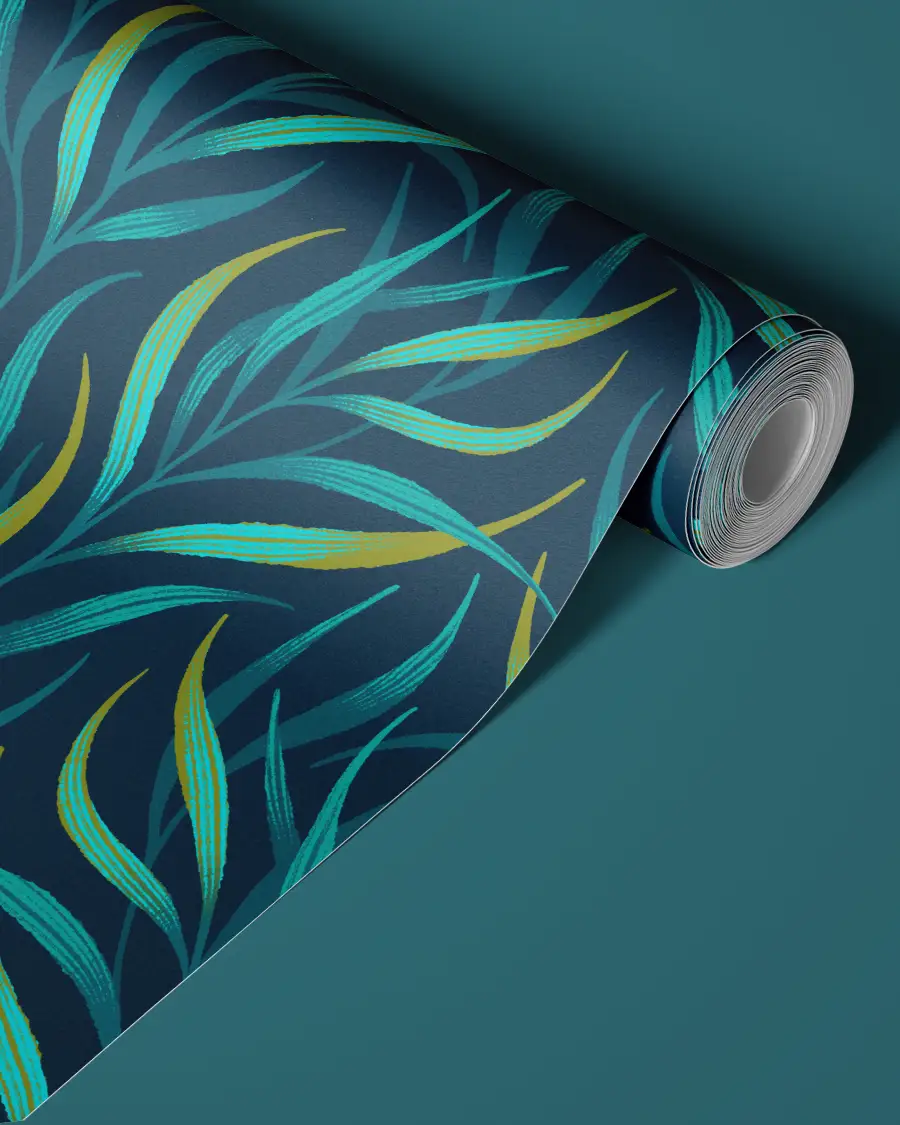 Wavy textured palm fronds green wallpaper pattern by Andrea Muller