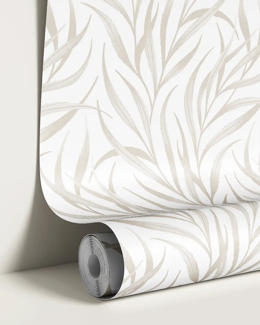 Neutral beige illustrated palm fronds classic coastal wallpaper by Andrea Muller