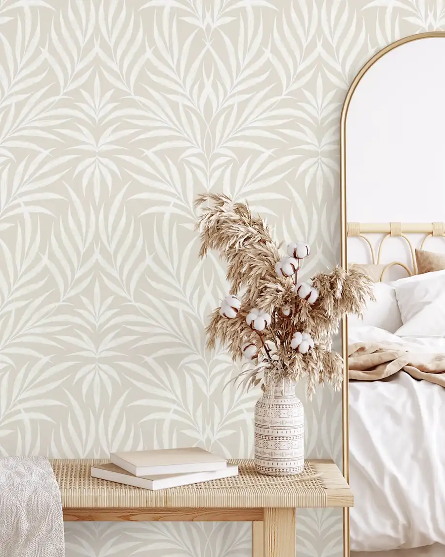 Neutral minimal white and beige palm leaf pattern wallpaper by Andrea Muller