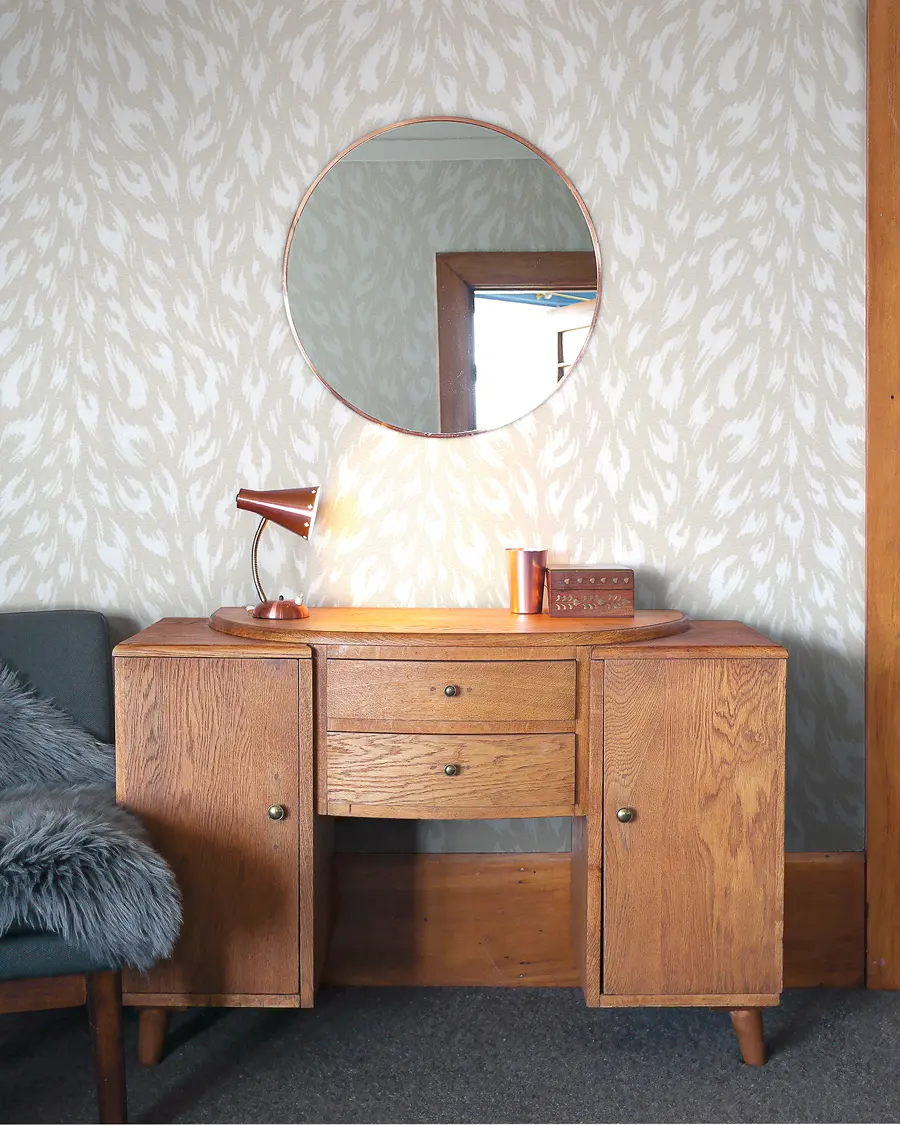 Light beige leopard print bedroom wallpaper by Andrea Muller