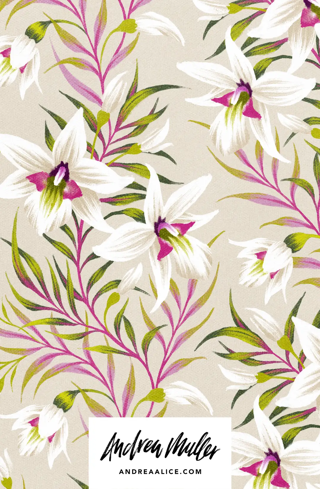 New Zealand native Winika orchid tropical pattern illustration by Andrea Muller